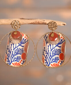 Yuna – Boucles dorées motif japonais bleu et corail
